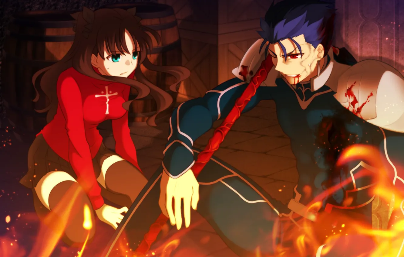 Photo wallpaper blood, Lancer, Rin, Fate stay night, Fate / Stay Night