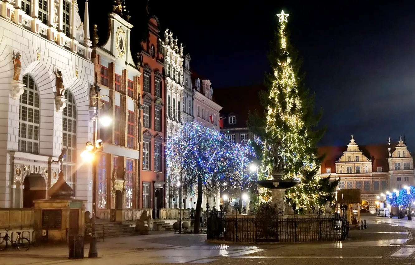 Photo wallpaper night, street, Poland, building, Gdansk