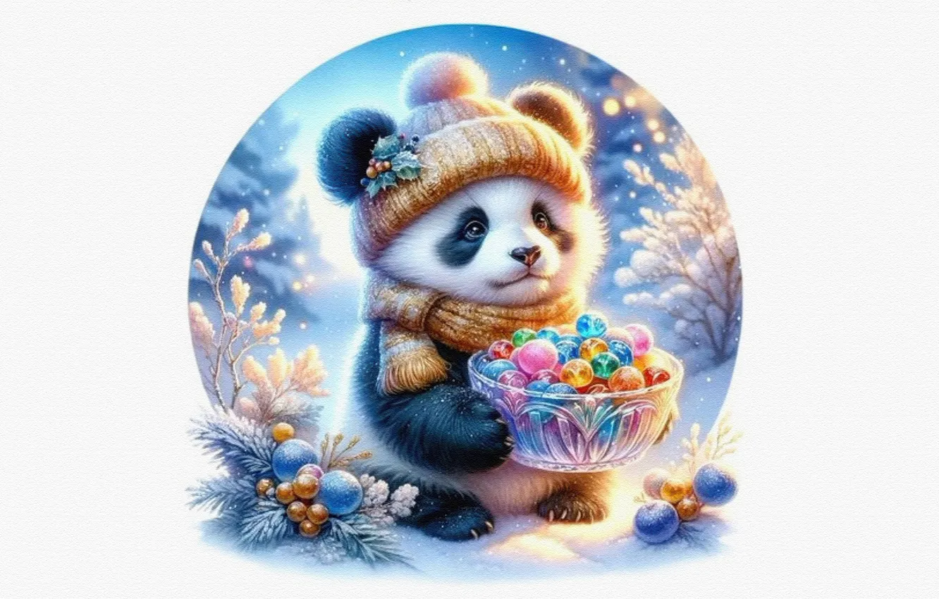 Photo wallpaper winter, balls, snow, hat, new year, Christmas, candy, bear
