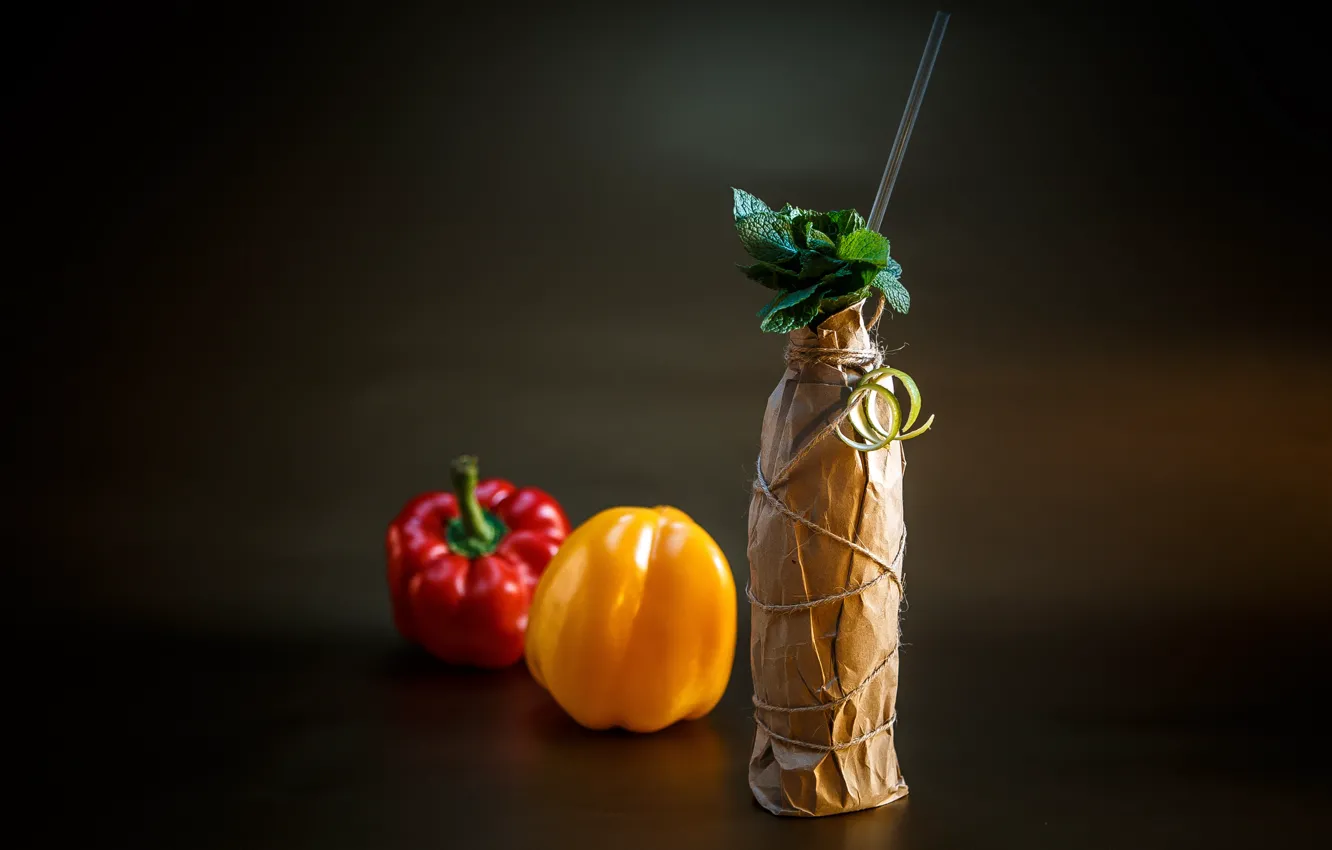 Photo wallpaper bottle, cocktail, pepper, mint, mojo