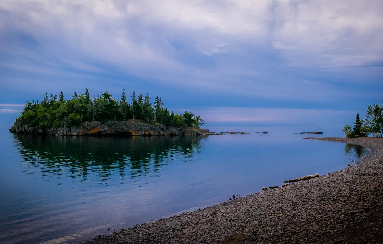 Photo wallpaper forest, water, clouds, shore, island, The sky