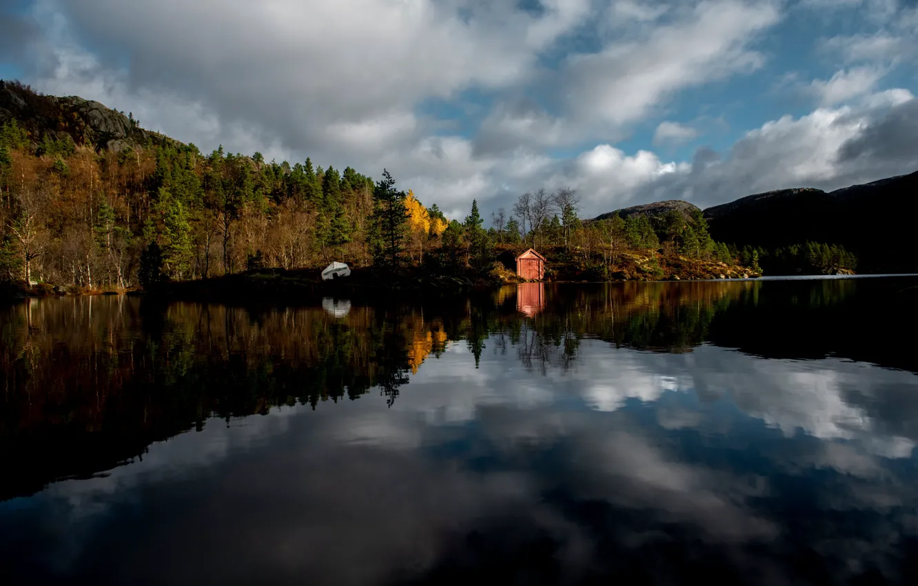 Photo wallpaper autumn, clouds, lake, Norway, Rogaland