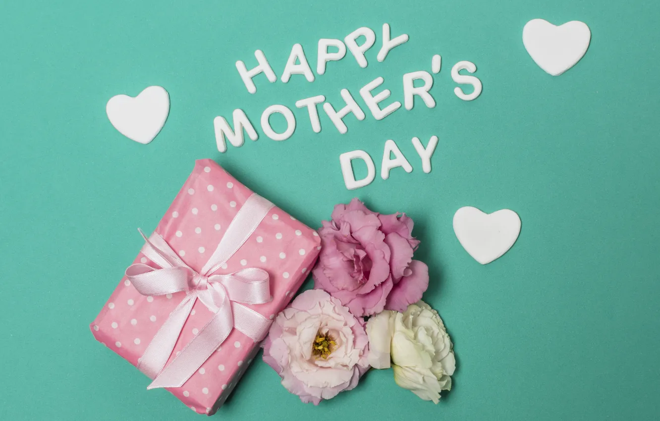 Photo wallpaper flowers, gift, the inscription, hearts, Green background, Happy, Mother's Day