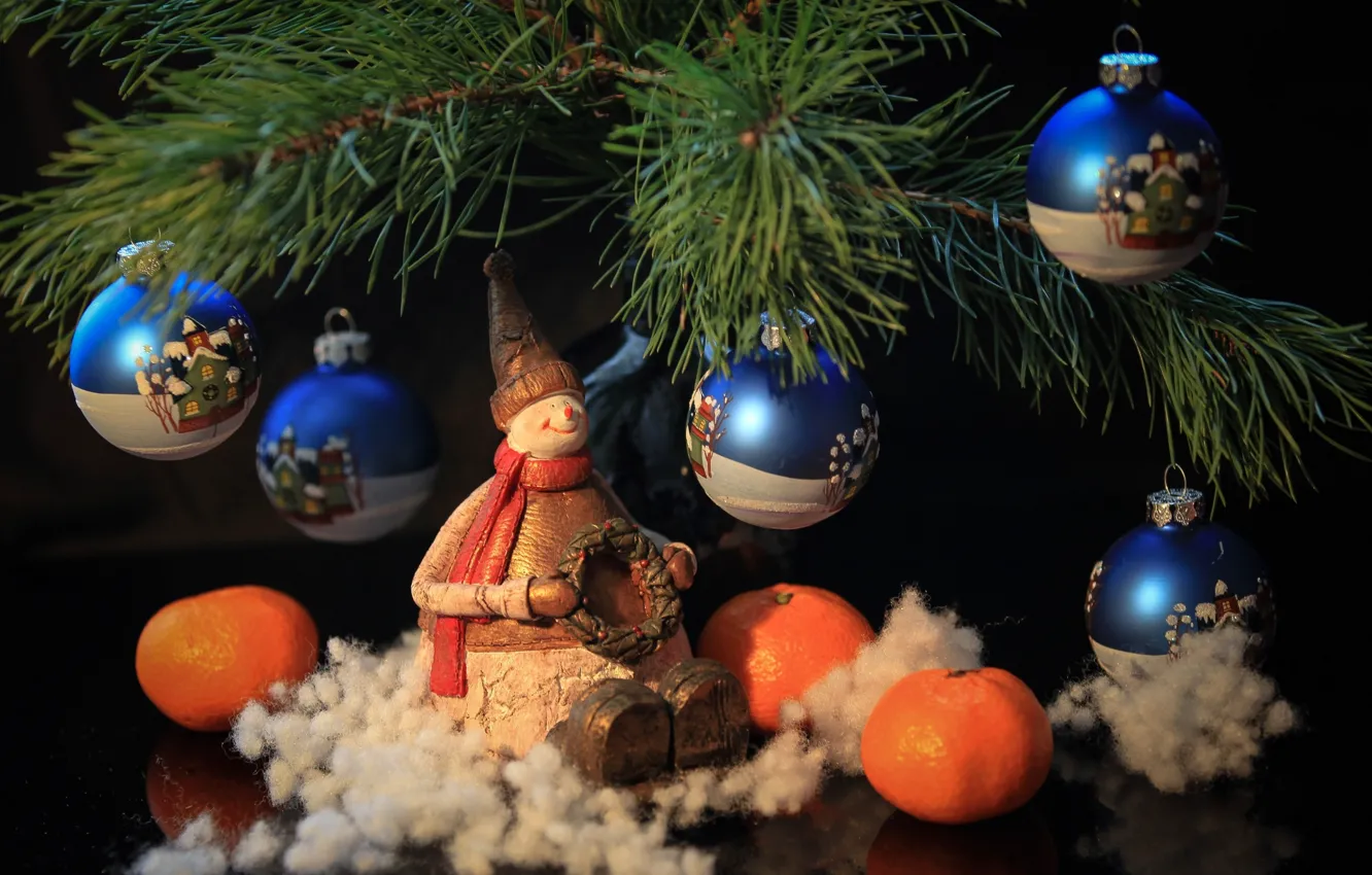 Photo wallpaper toy, snowman, pine, tangerines