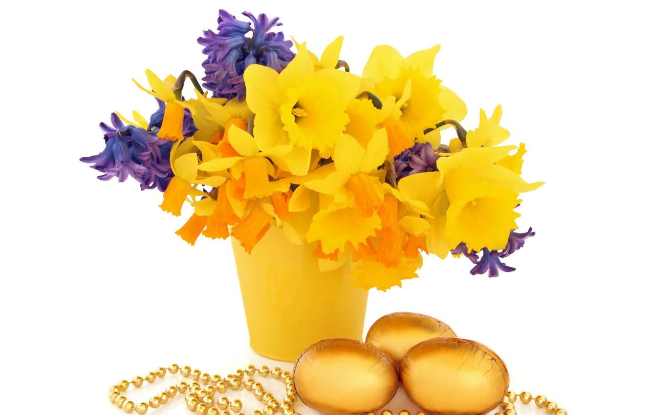 Photo wallpaper flowers, basket, flowers, daffodils, spring, Easter, eggs, bouquet
