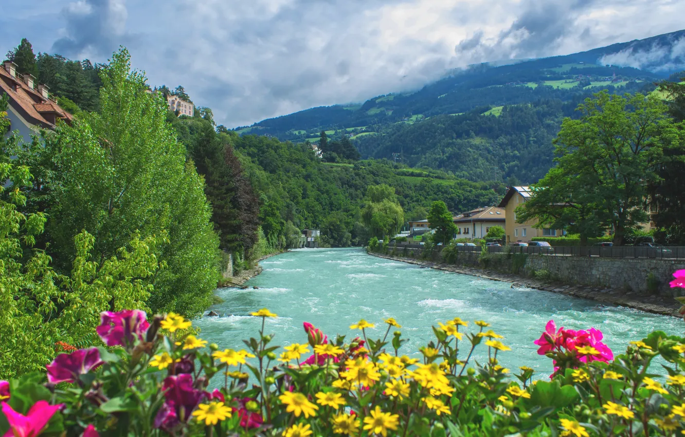 Photo wallpaper flowers, mountains, river, home, Alps, Italy, South Tyrol