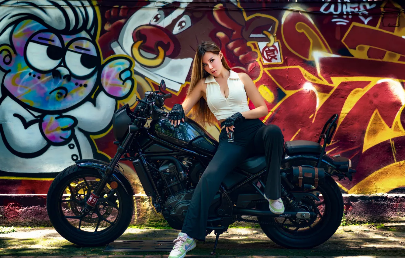 Photo wallpaper pose, look, graffiti, wall, face, motorcycle, girl, model