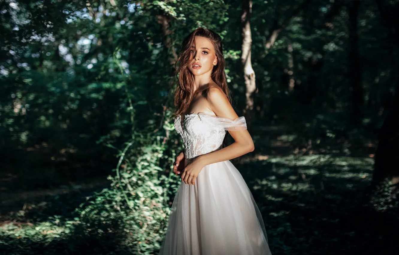 Photo wallpaper forest, look, girl, nature, model, dress, brown hair, Alexander Volkov