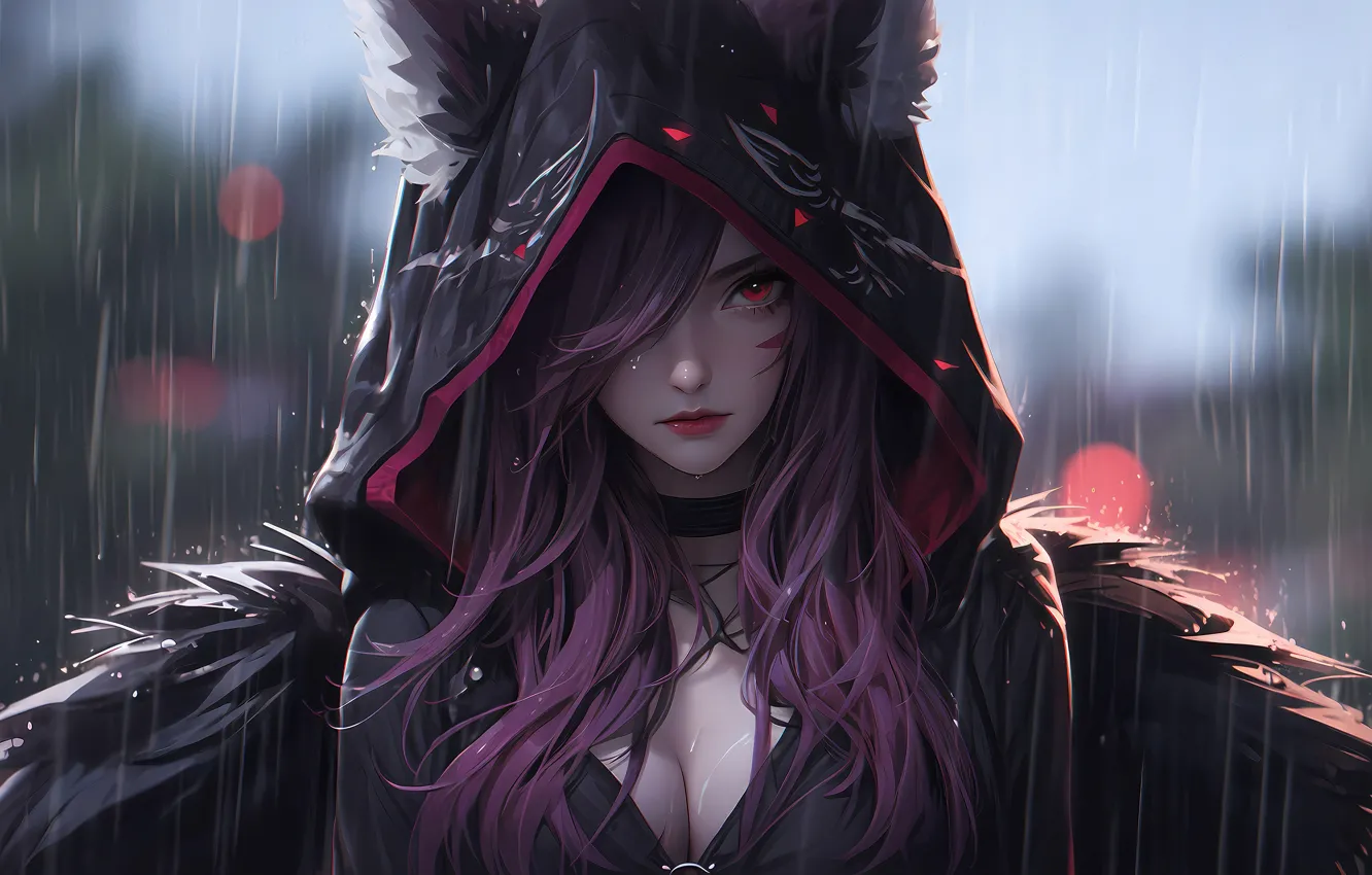 Photo wallpaper face, rain, hood, game, Cape, characters, bokeh, League of Legends