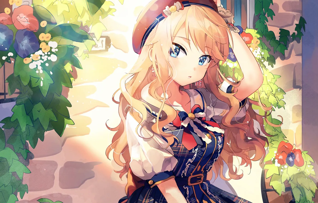 Photo wallpaper girl, long hair, dress, anime, blue eyes, flowers, beautiful, pretty