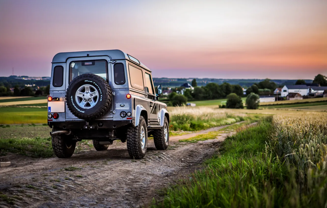Photo wallpaper Land Rover, landscape, village, Defender, Sun Goes Down, Offraod, Arnaud Hustin