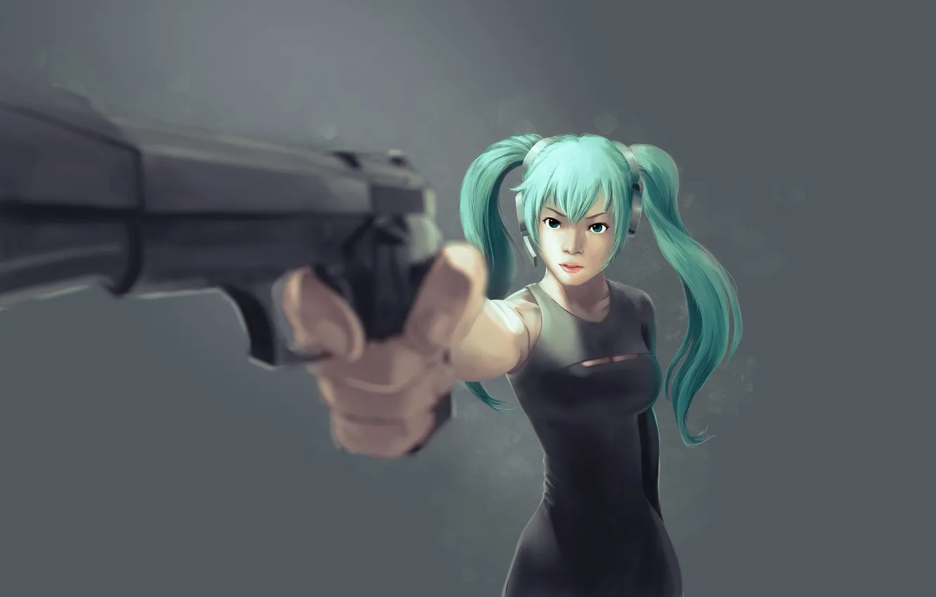 Photo wallpaper look, girl, weapons, anger, vocaloid, hatsune miku, Vocaloid, art