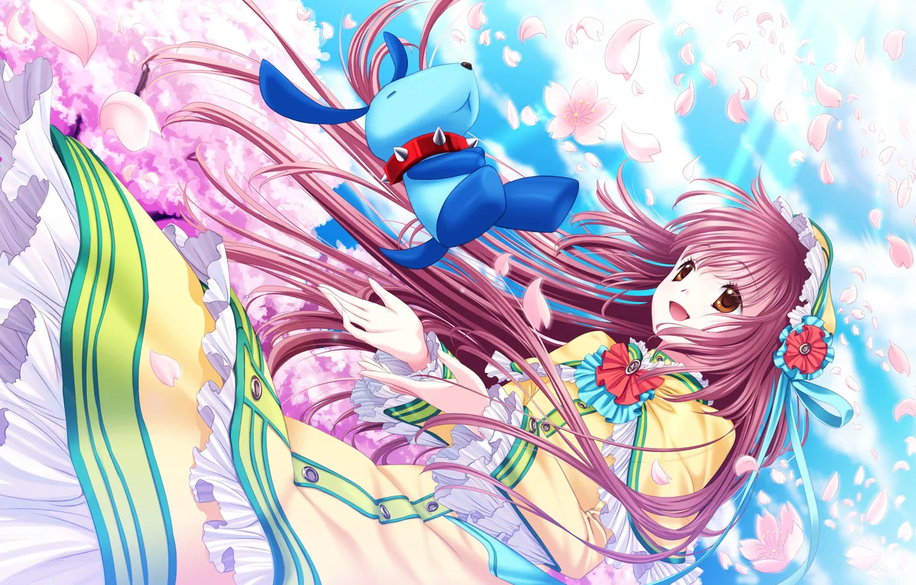 Photo wallpaper girl, clouds, flowers, toy, dog, anime, petals, art