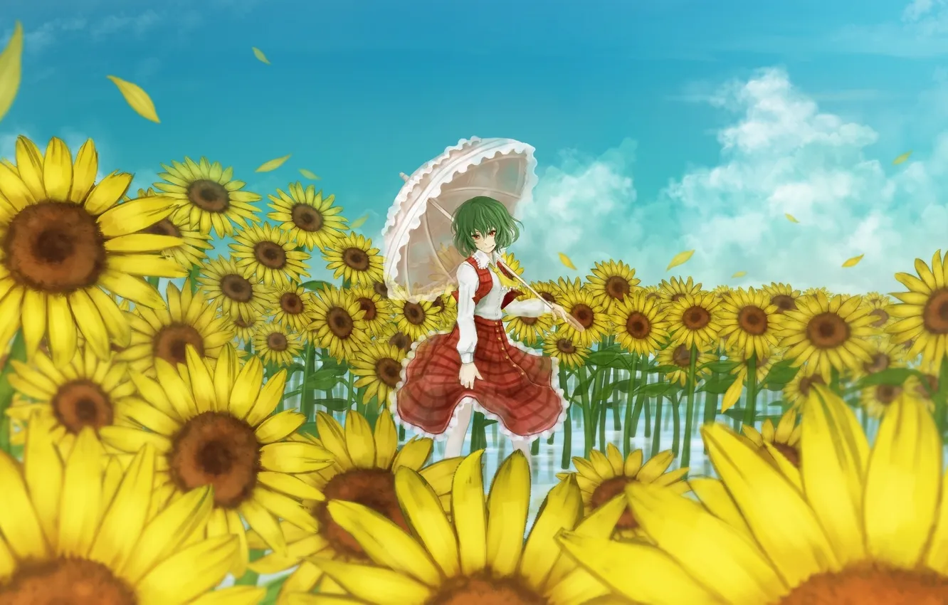 Photo wallpaper girl, sunflowers, umbrella