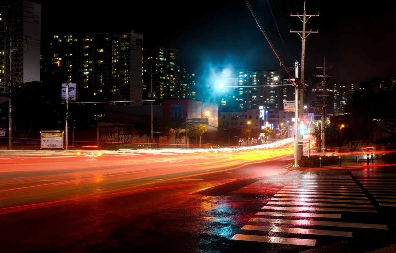 Photo wallpaper road, night, the city, lights, street, Zebra