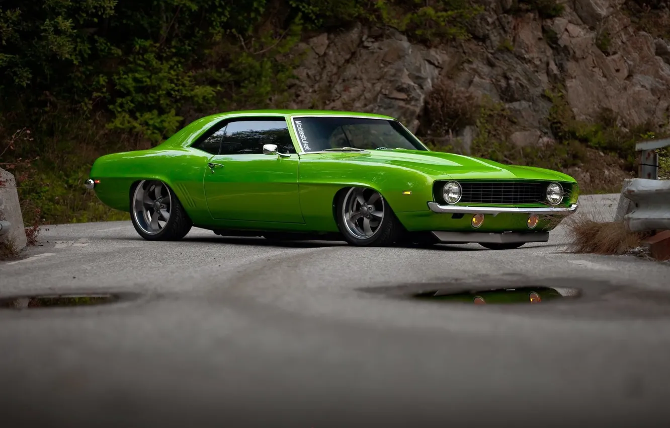 Photo wallpaper Chevrolet, 1969, Camaro, Green, Christine, Road