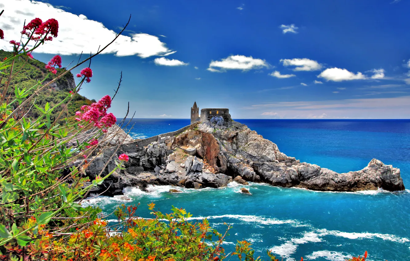 Photo wallpaper sea, the sky, clouds, flowers, nature, house, rocks, tower
