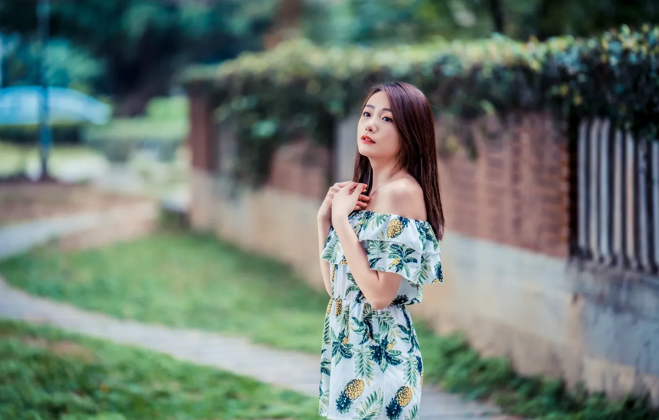 Photo wallpaper look, girl, dress, Asian, bokeh