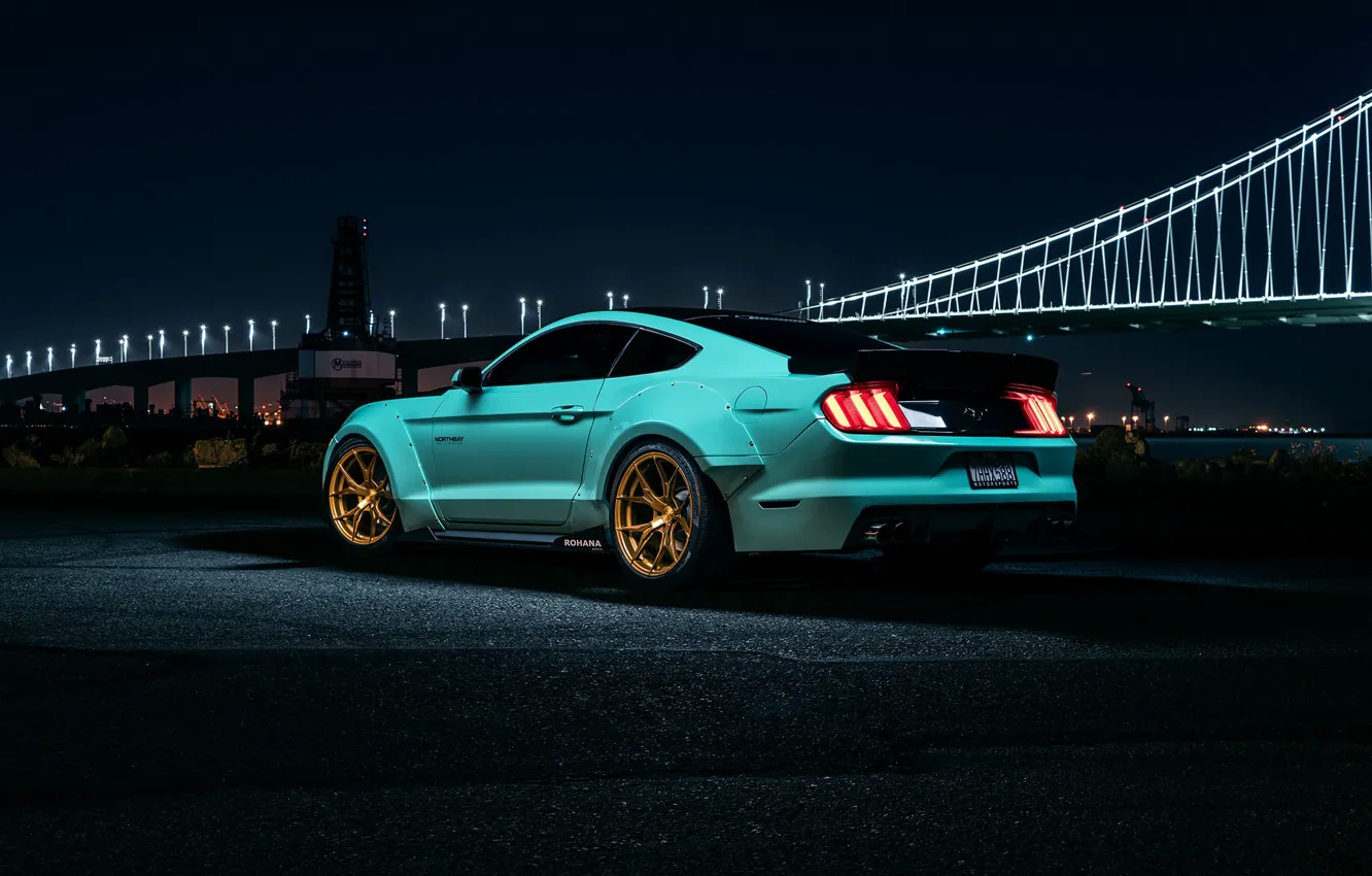Photo wallpaper Mustang, Ford, Muscle, Car, Night, Wheels, Rear, Bule
