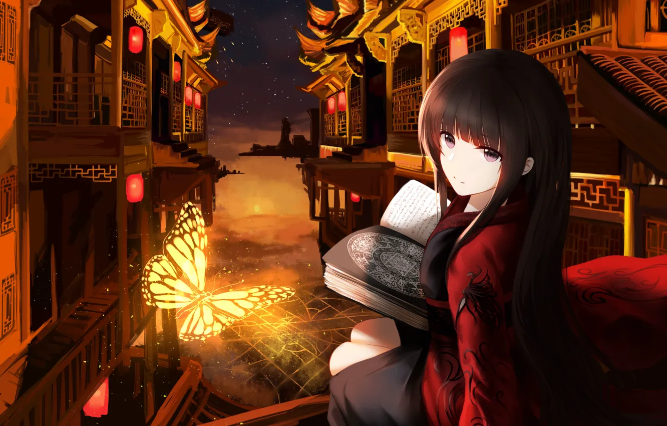 Photo wallpaper girl, night, the city, butterfly