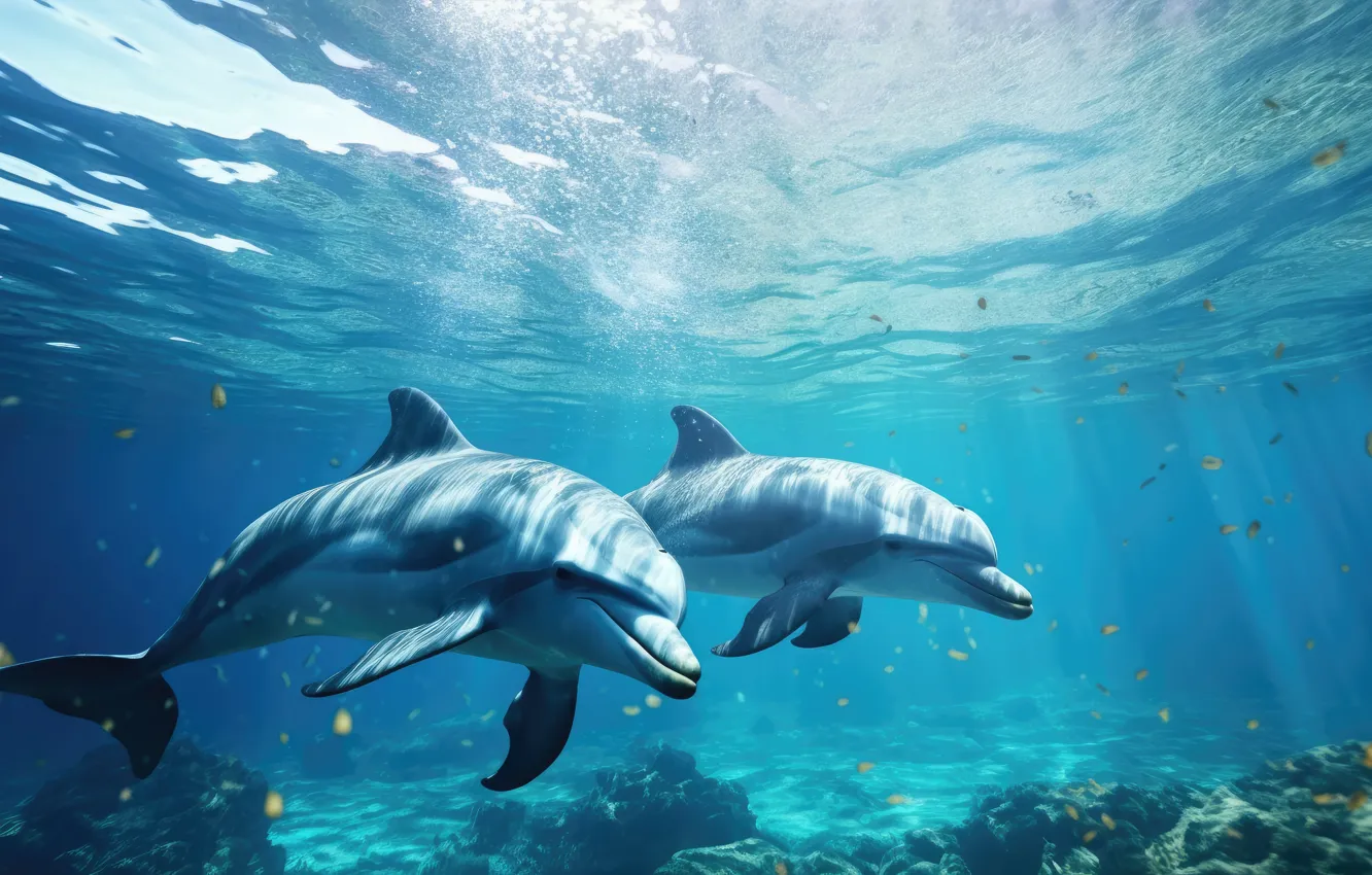 Photo wallpaper sea, wave, water, the ocean, dolphins, underwater world, swimming, Marine Animals