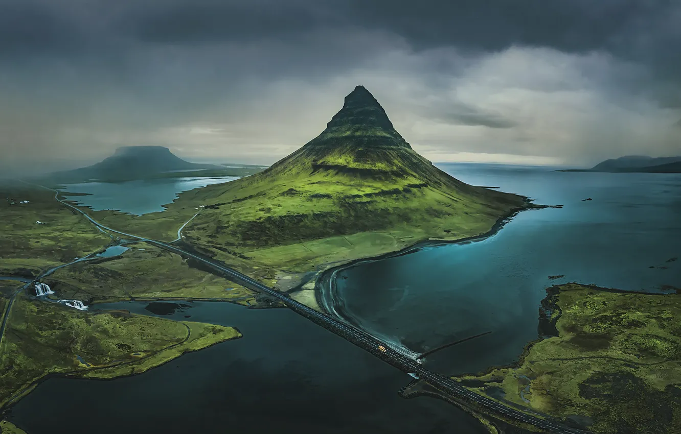 Photo wallpaper road, mountains, bridge, Iceland, pond