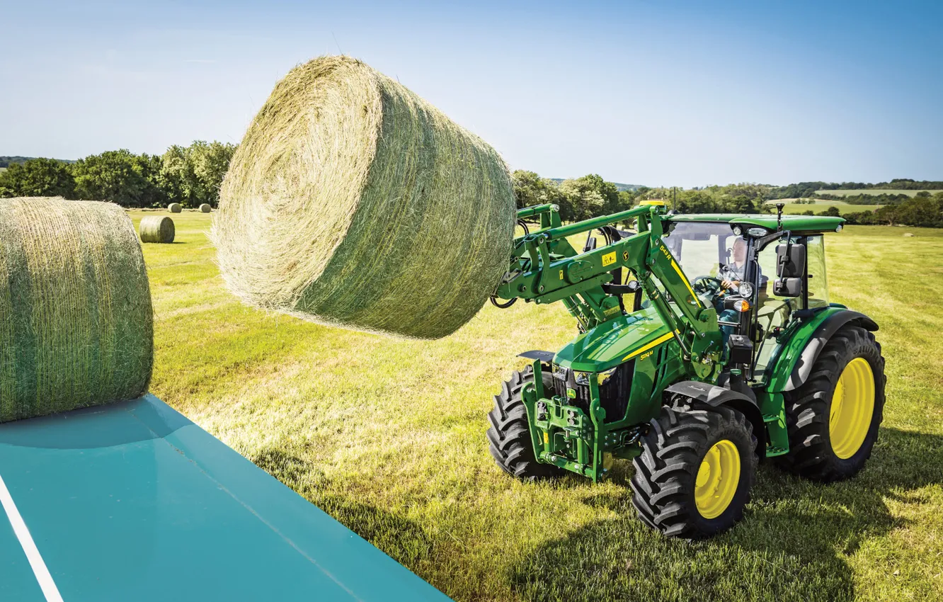 Photo wallpaper field, hay, tractor, harvesting, John Deere, loader