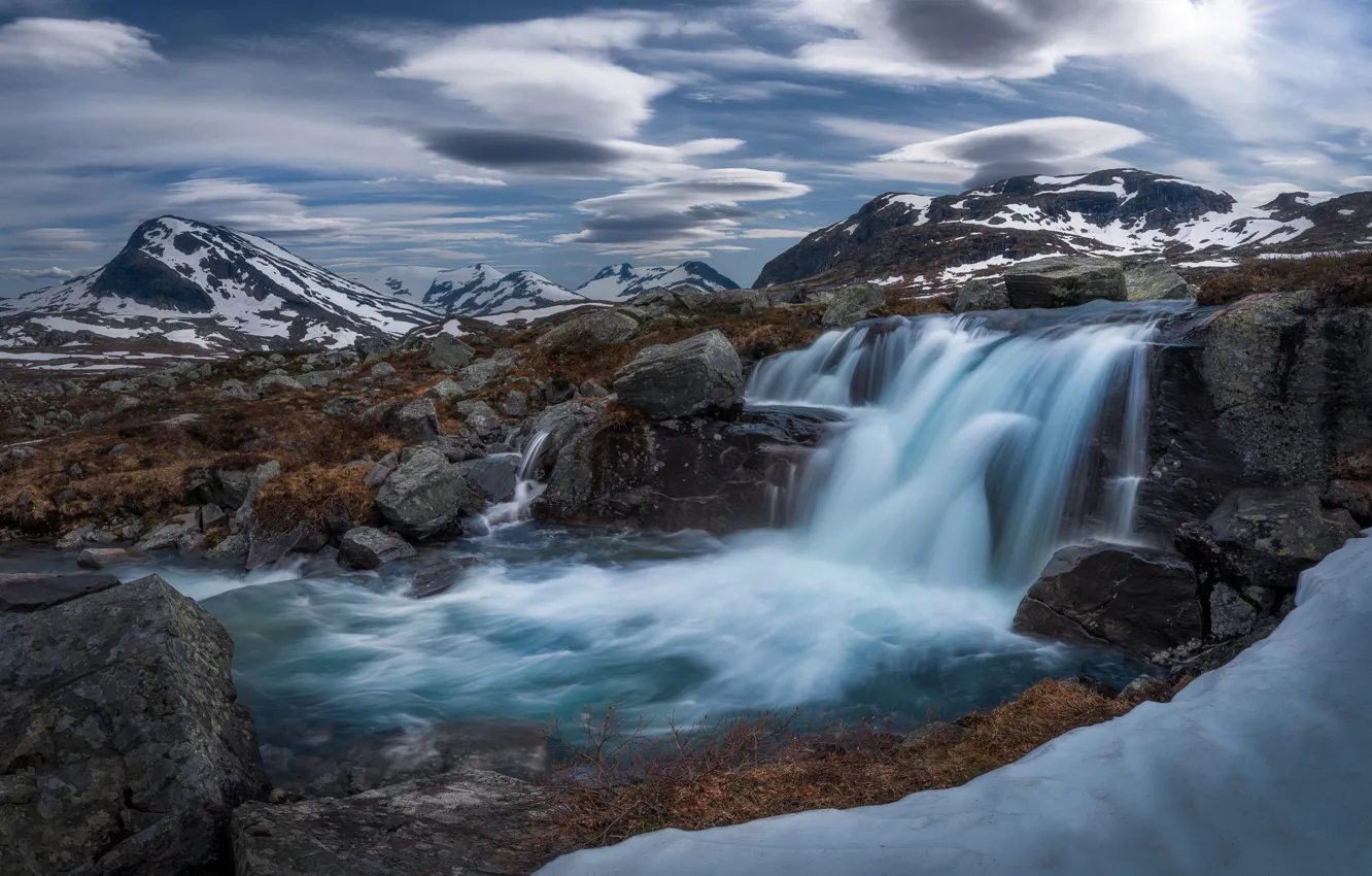 Photo wallpaper mountains, river, waterfall, Norway, cascade, Norway, The Scandinavian mountains, Jotunheimen