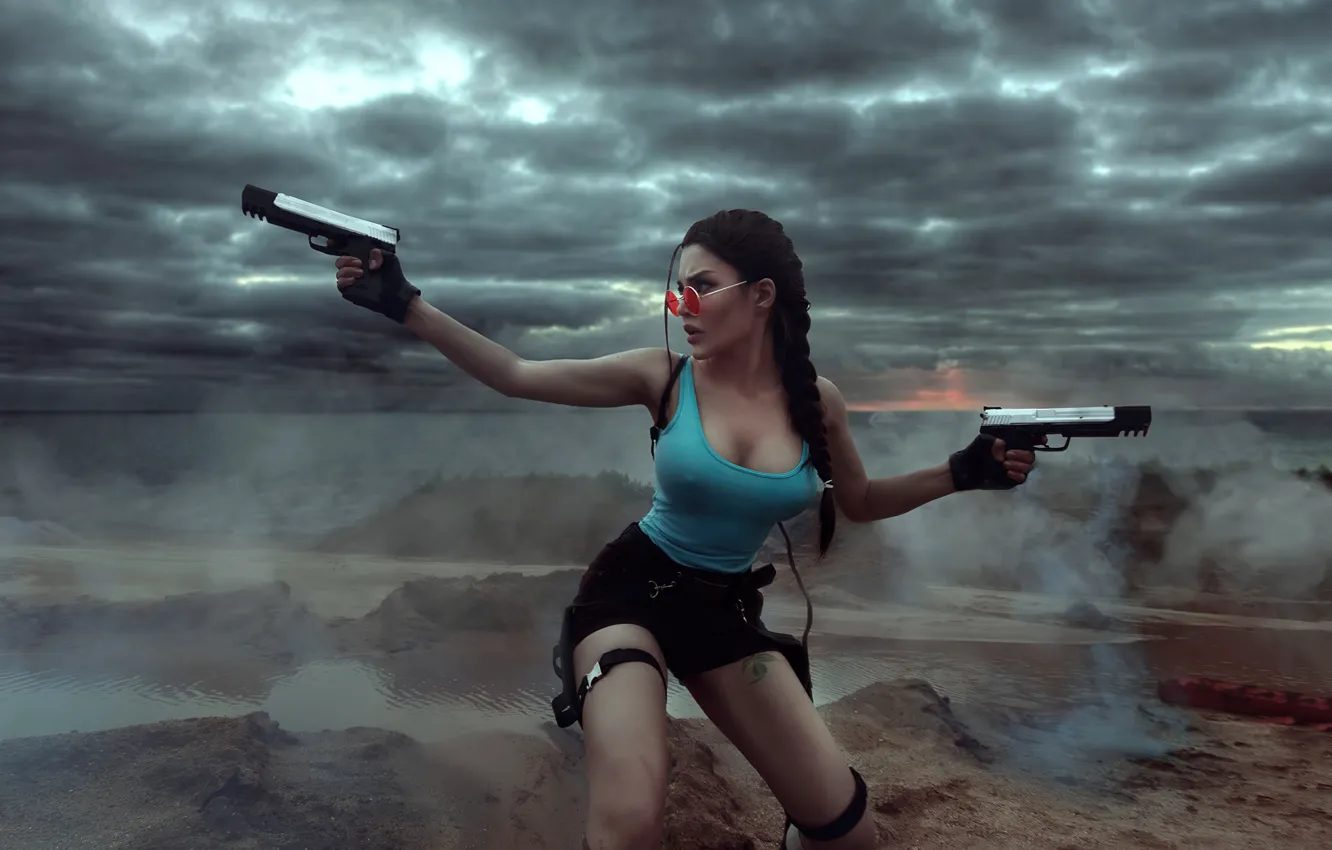 Photo wallpaper Tomb Raider, Guns, cosplay, Lara Croft, Christina Fink, hot springs, KALINKA FOX