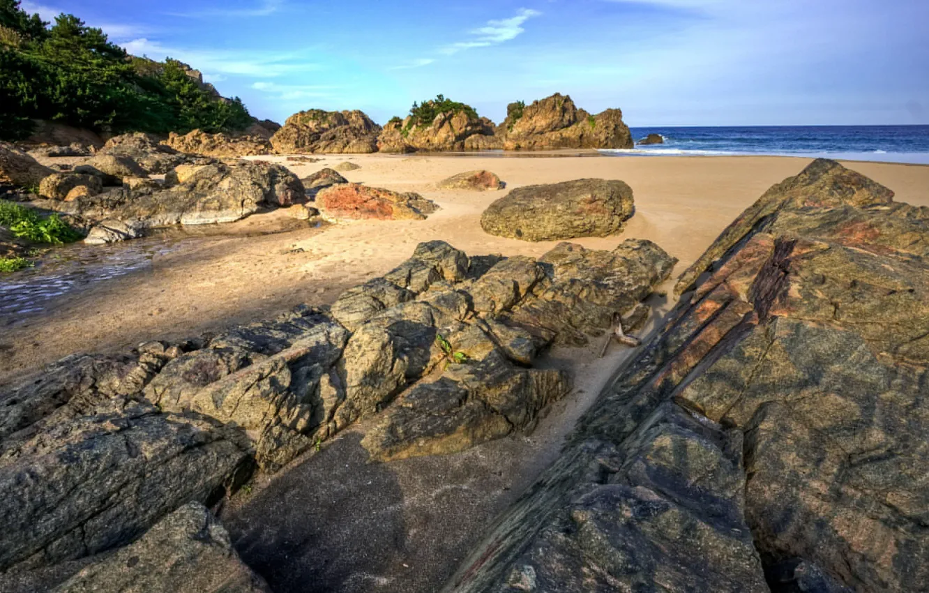 Photo wallpaper sand, sea, beach, stones