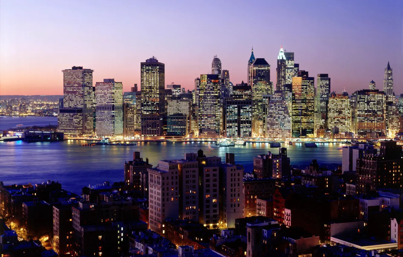 Photo wallpaper night, the city, lights, river, Wallpaper, skyscrapers, new York, wallpapers
