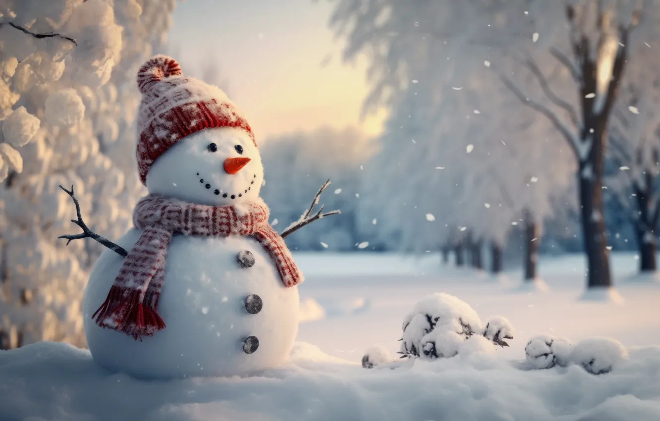 Photo wallpaper winter, snow, Christmas, New year, snowman, AI art, neural network