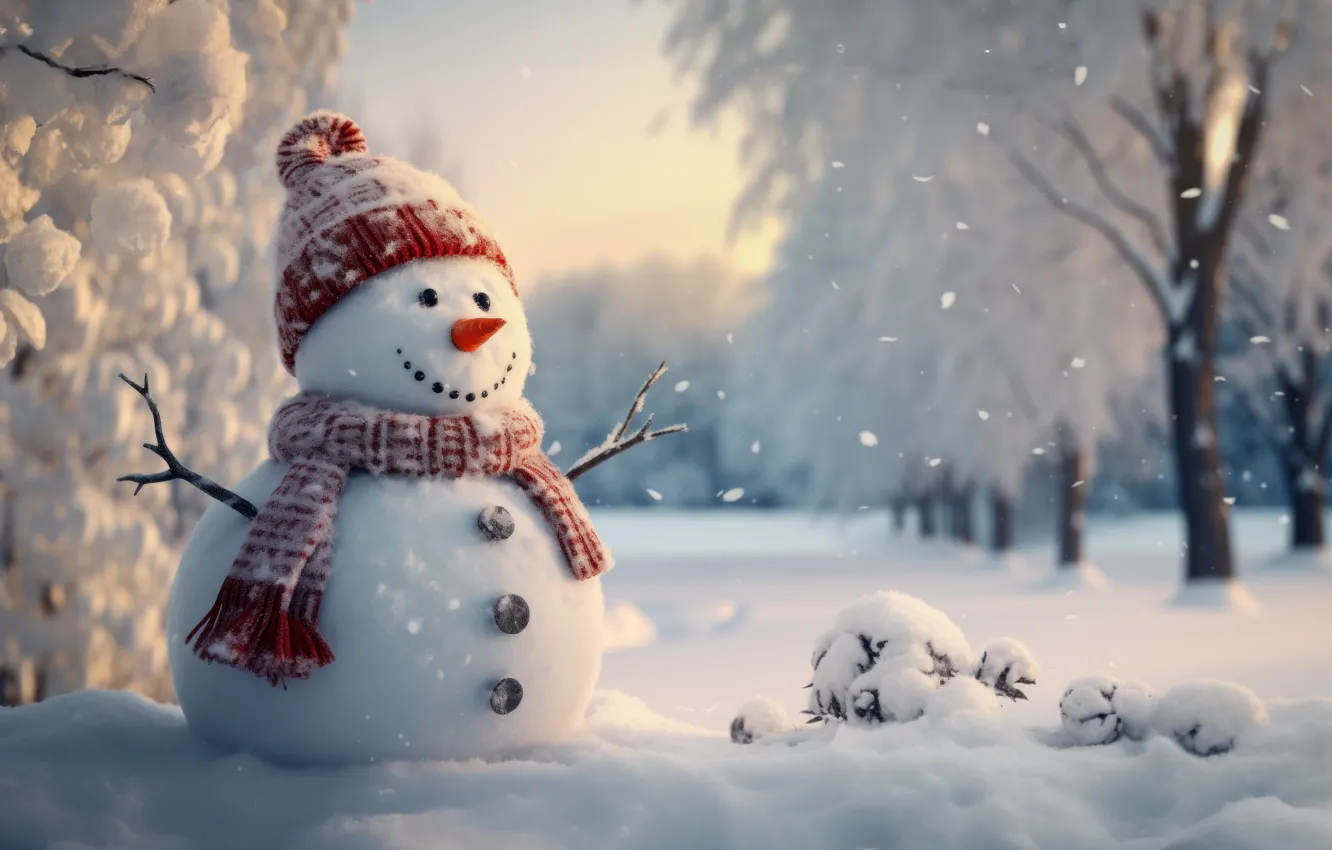 Photo wallpaper winter, snow, new year, Christmas, snowman, AI art, neural network