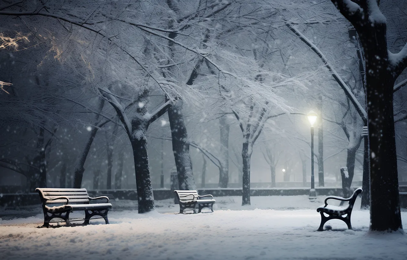 Photo wallpaper winter, snow, bench, night, Park, lights, night, park