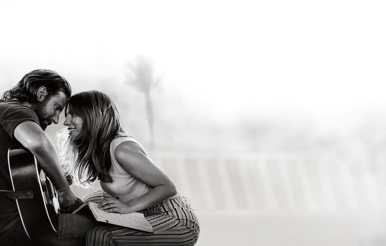 Photo wallpaper girl, guitar, male, Lady Gaga, Bradley Cooper, A Star Is Born