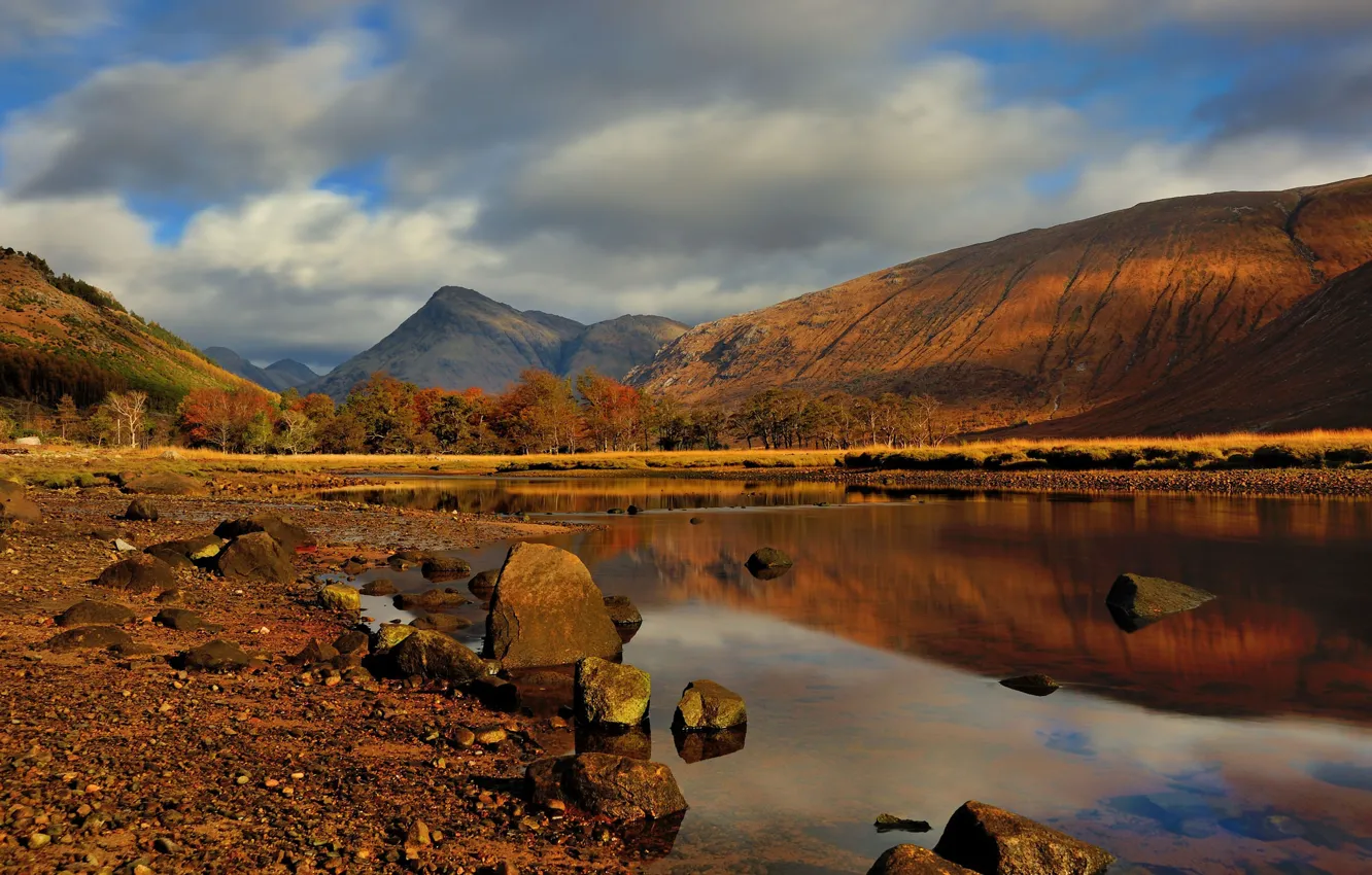 Photo wallpaper autumn, forest, the sky, clouds, light, trees, mountains, pebbles