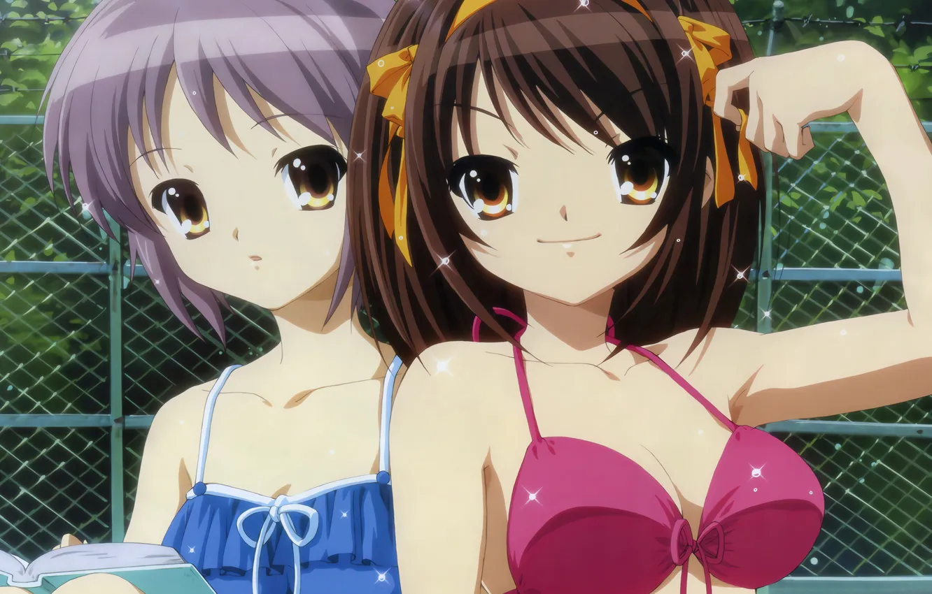 Photo wallpaper sexy, wet, cleavage, long hair, girls, brown hair, boobs, anime