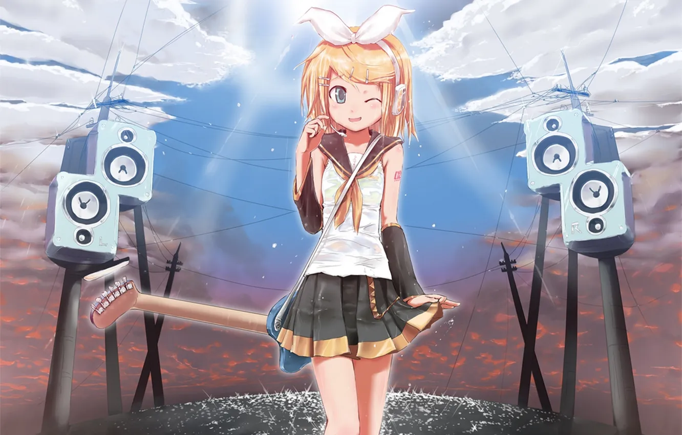 Photo wallpaper girl, light, wire, guitar, headphones, art, microphone, form