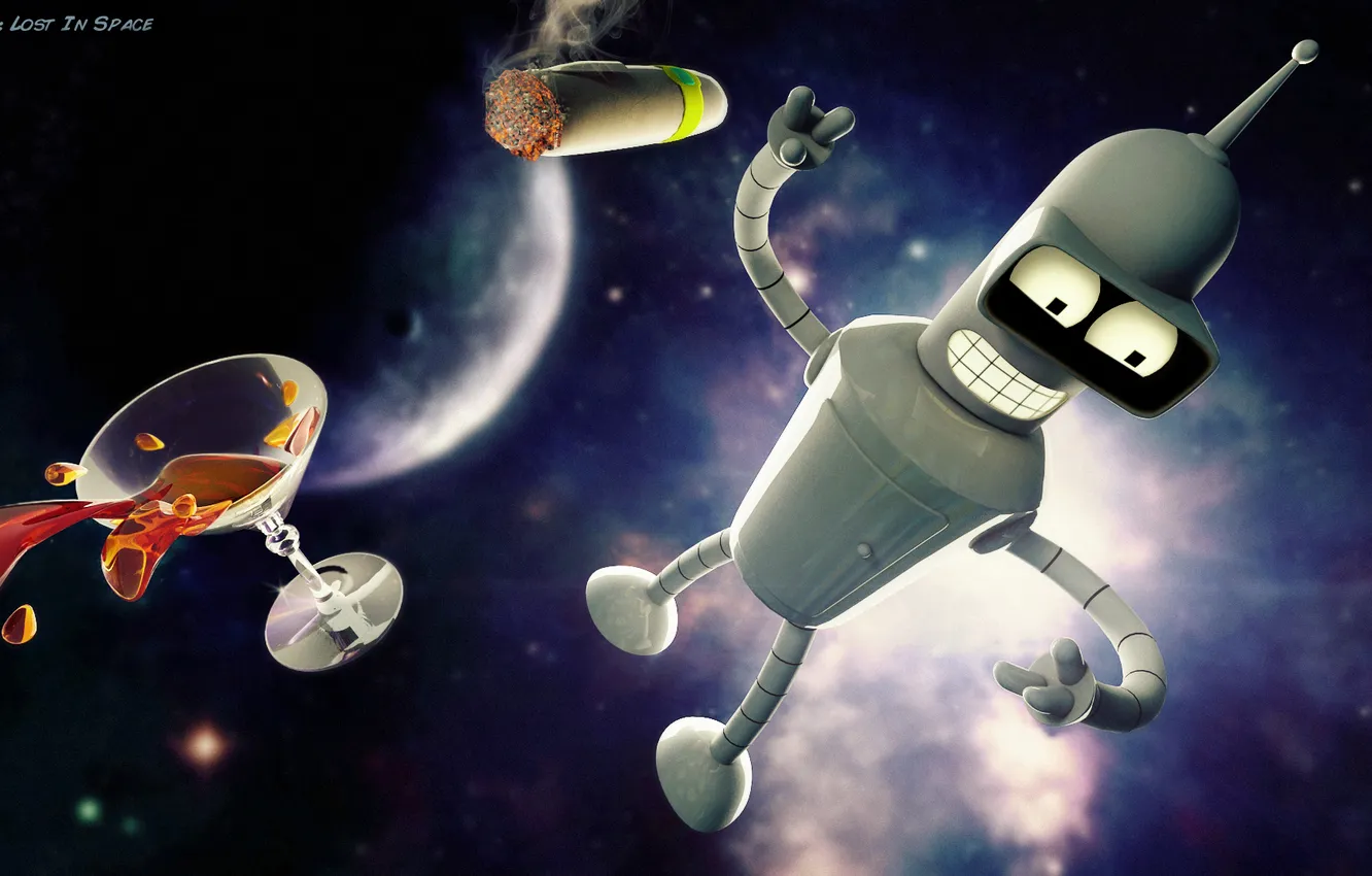 Photo wallpaper space, glass, cartoon, cigar, Bender, Futurama, lost