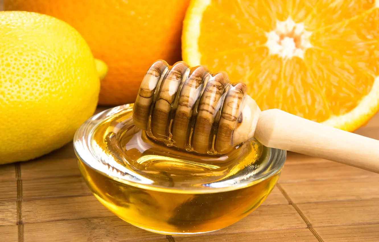 Photo wallpaper lemon, orange, honey, spoon, citrus, honey