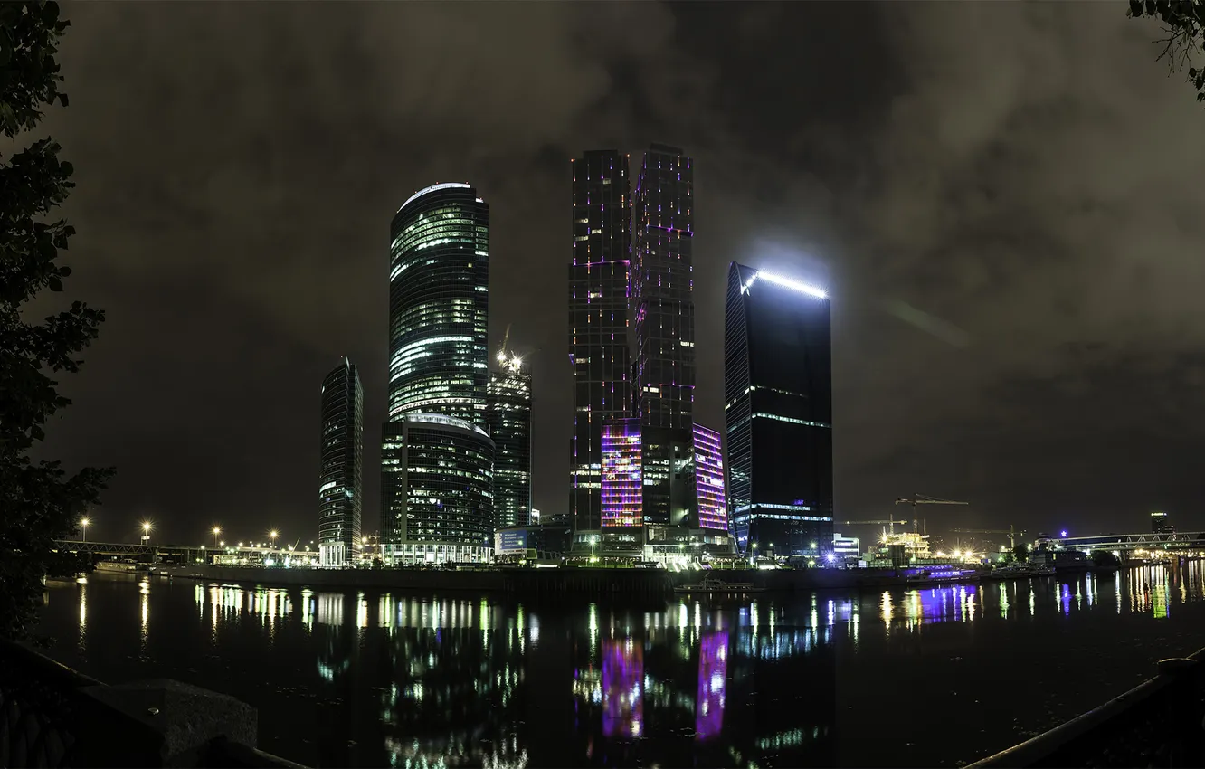 Photo wallpaper night, city, river, skyscrapers, moscow, Moscow city