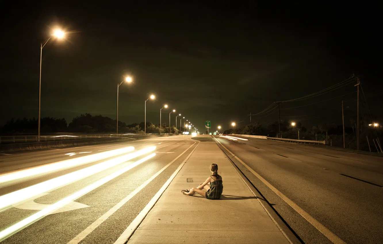 Photo wallpaper girl, night, the city, loneliness, track, lights
