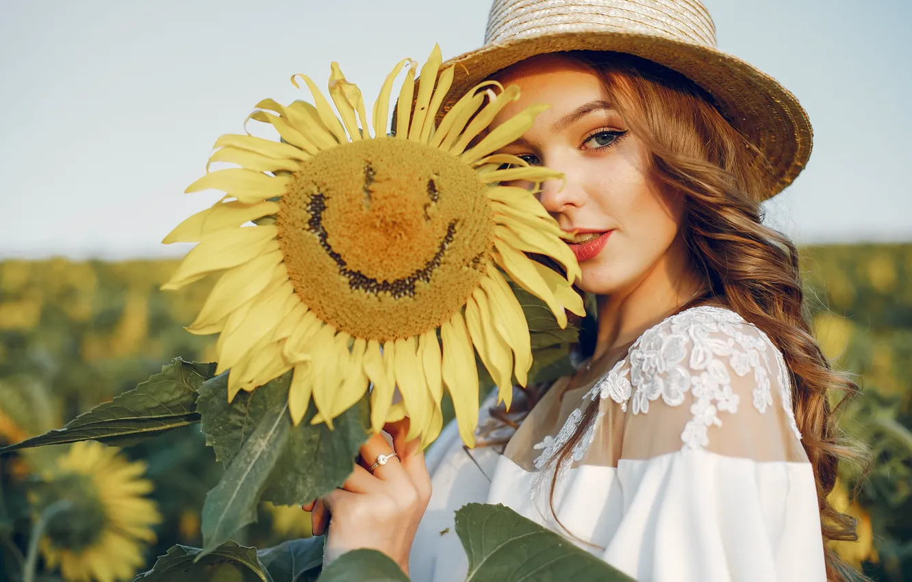 Photo wallpaper girl, sunflowers, hat