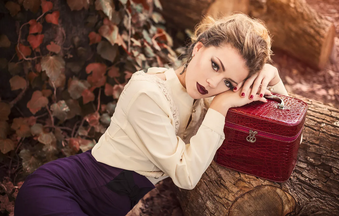 Photo wallpaper look, leaves, girl, nature, skirt, makeup, blouse, bag