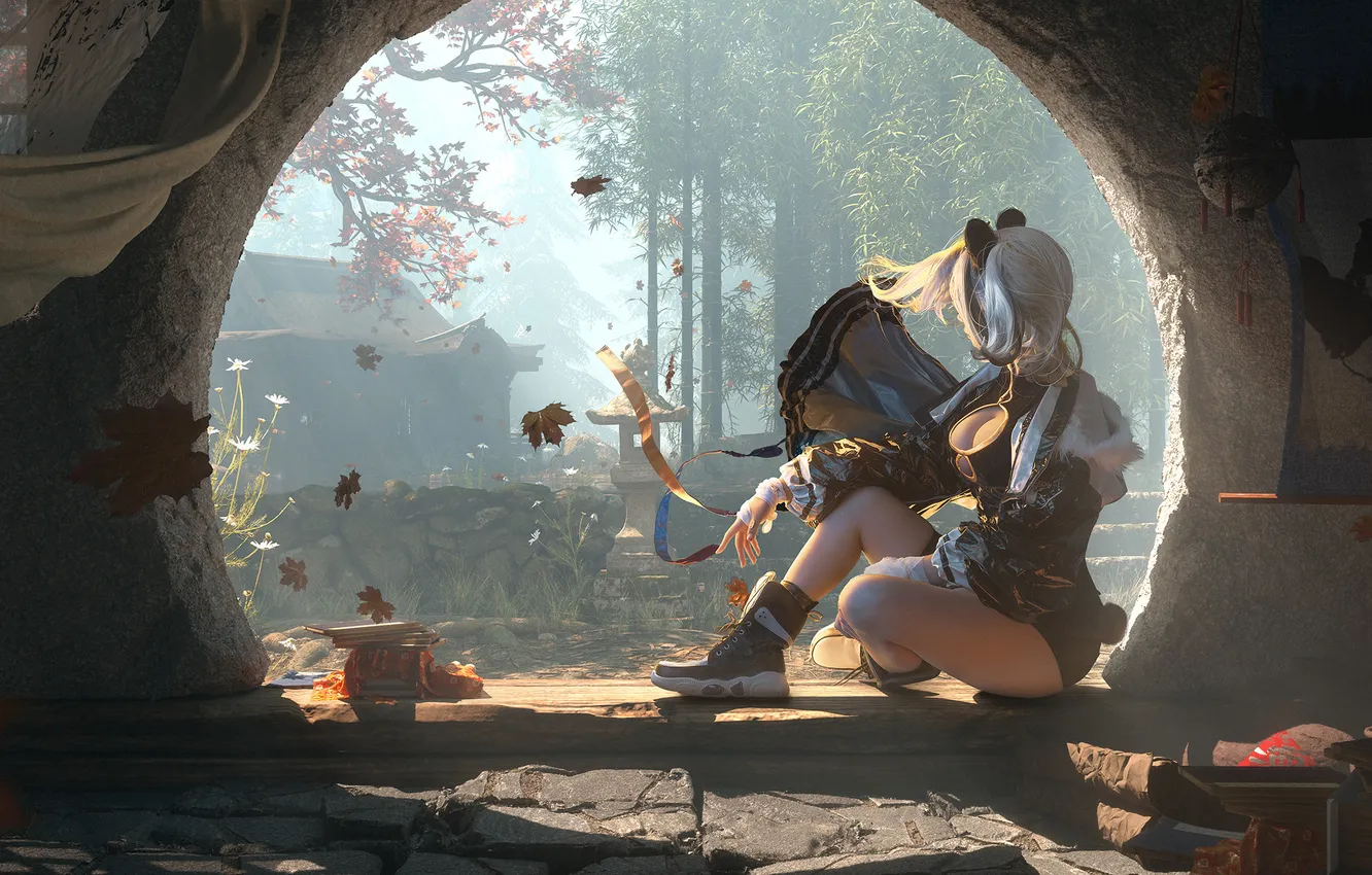 Photo wallpaper girl, fantasy, leaves, digital art, artwork, sneakers, AI Art