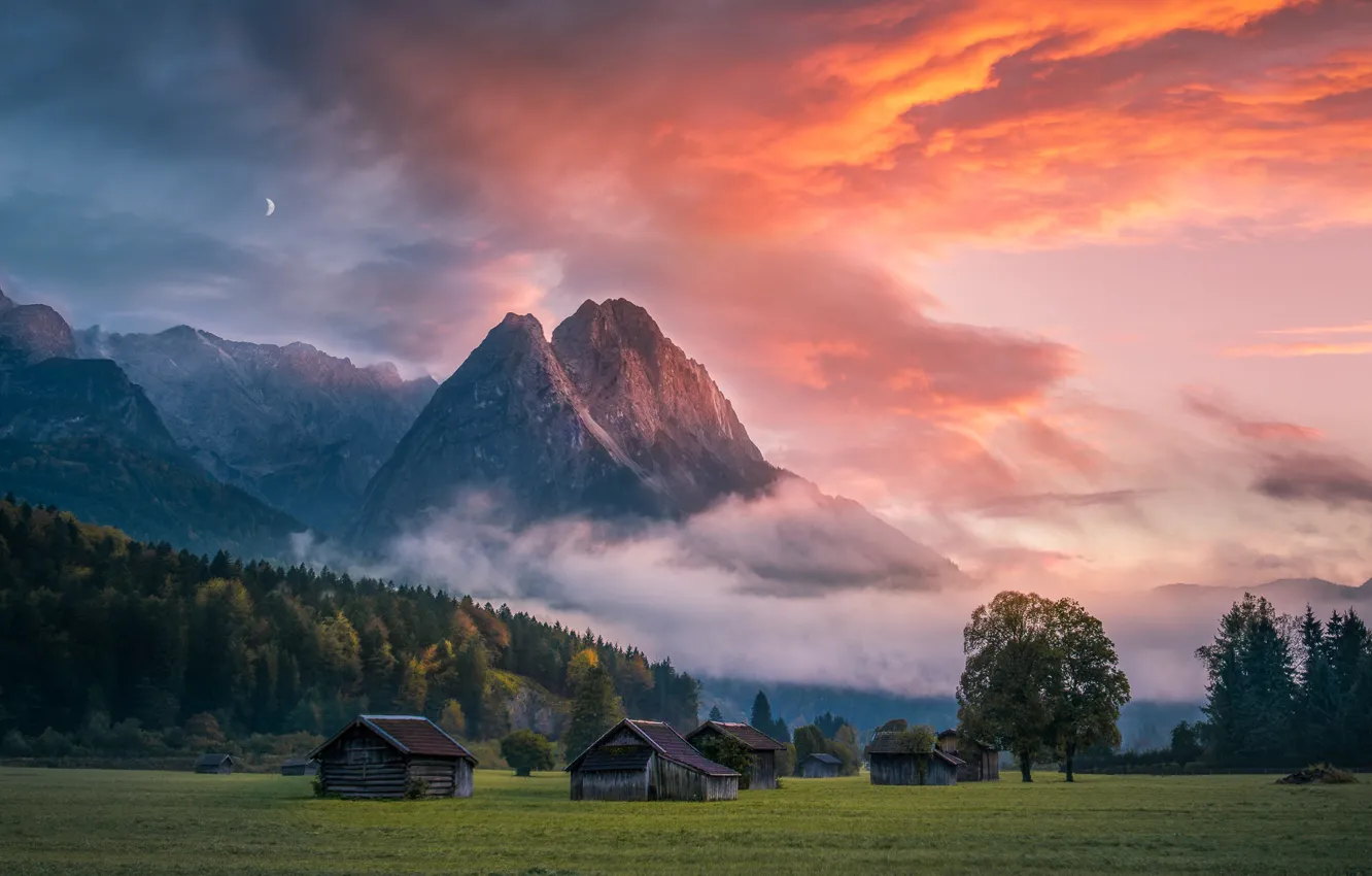 Photo wallpaper the sky, clouds, light, mountains, the evening, morning, the barn