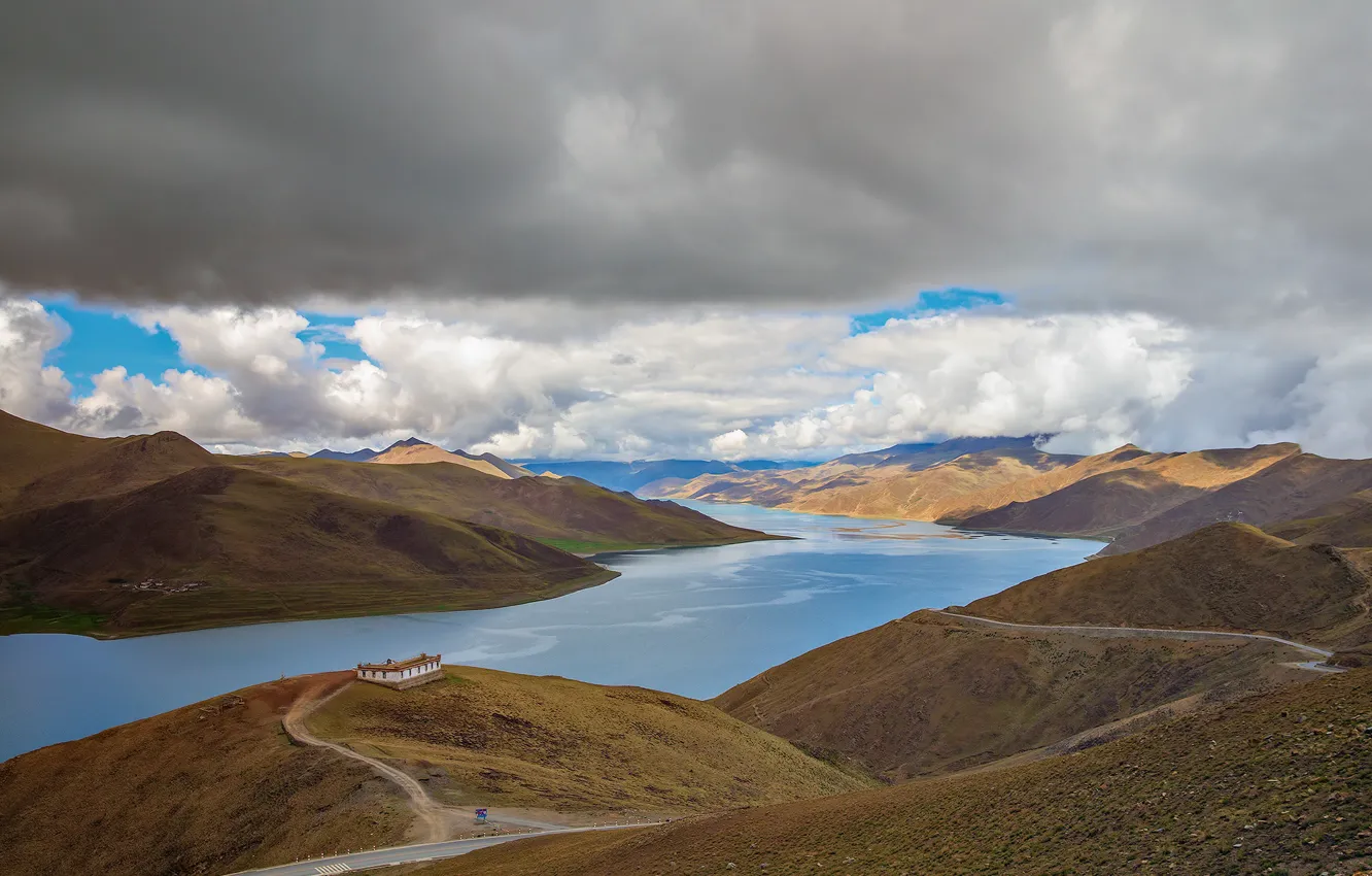 Photo wallpaper clouds, mountains, lake