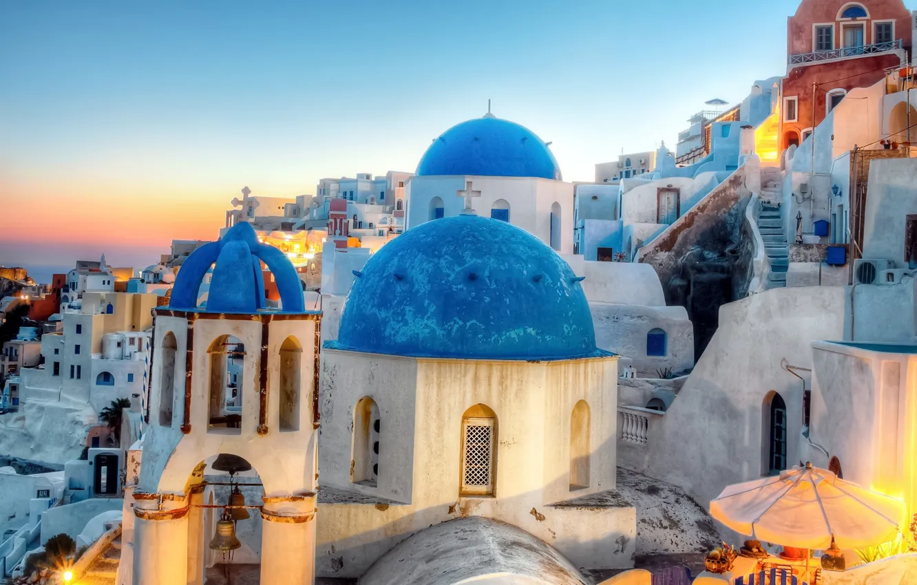 Photo wallpaper the city, building, home, the evening, Santorini, Greece, lighting, Church