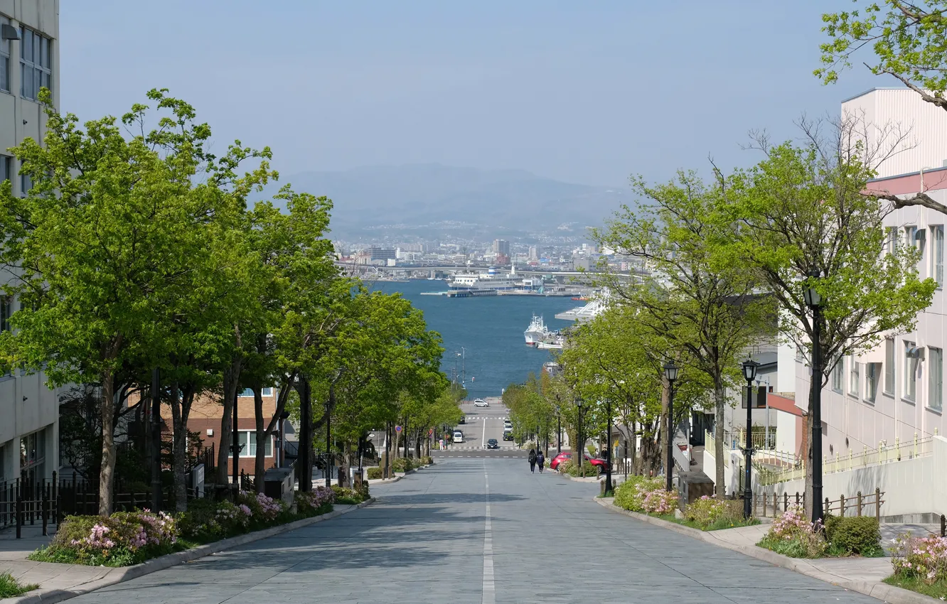 Photo wallpaper road, sea, trees, mountains, ship, home, Japan, Bay