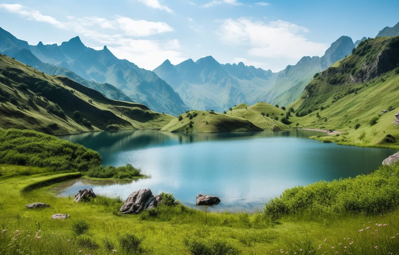 Photo wallpaper greens, summer, grass, clouds, landscape, mountains, nature, lake